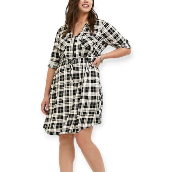 TORRID | NWT | 1X 14-16 | Mini Challis Plaid Zip-Front Roll-Tab Shirt Dress - Picture 1 of 11